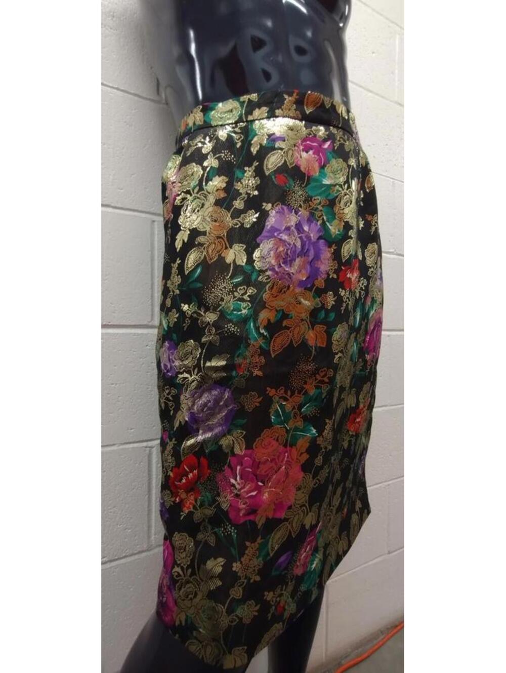 Vintage Valentino NIGHT Pencil Skirt Gold Roses Red Rose Metallic Liquid Lamé M